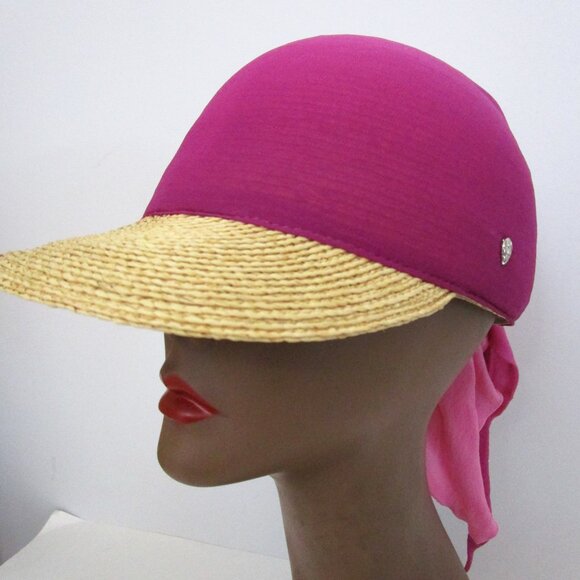 Natural Raffia Straw Visor Brim Cap Baseball Pink Silk Scarf main image 4
